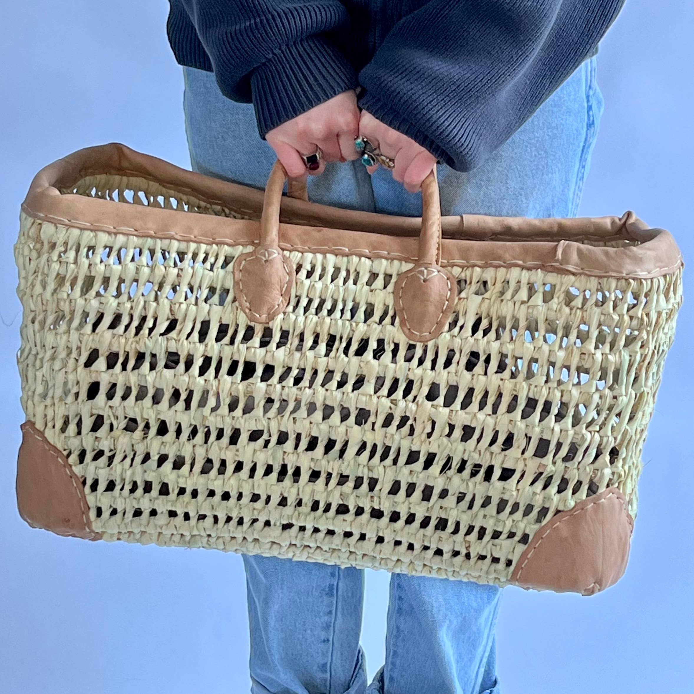 Open Weave Basket with Leather Trim: Small