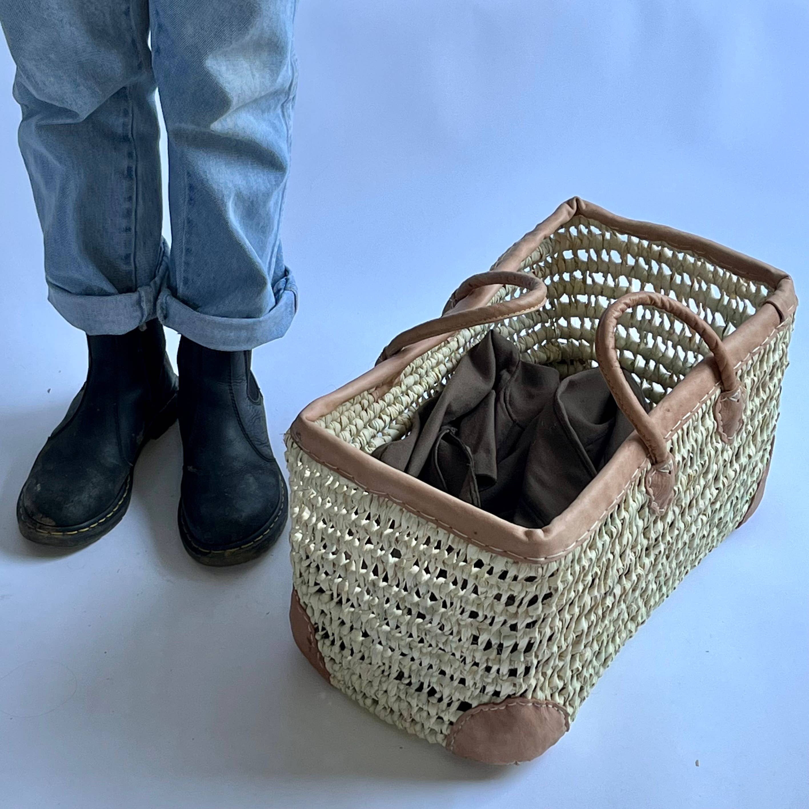 Open Weave Basket with Leather Trim: Small