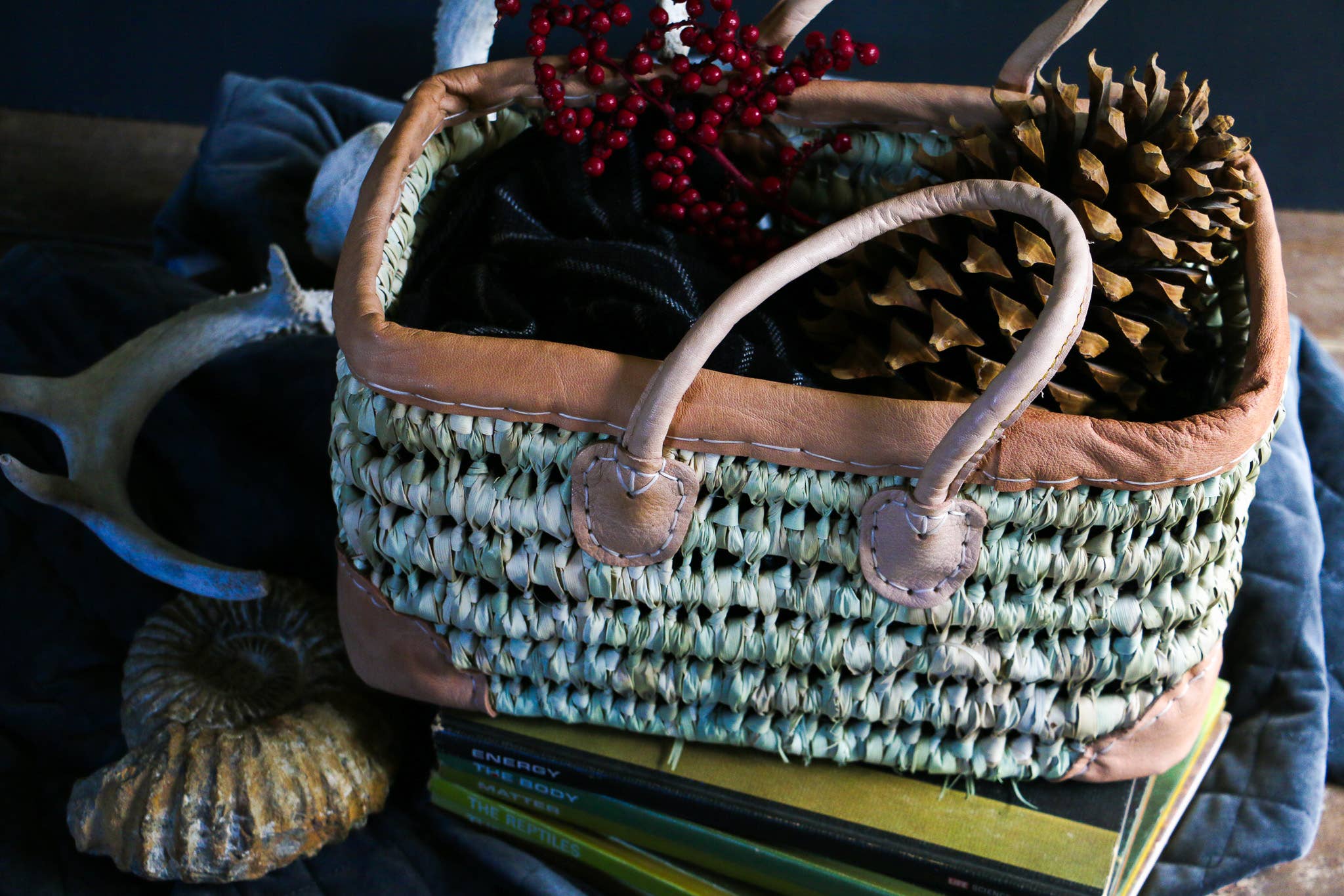 Open Weave Basket with Leather Trim: Small