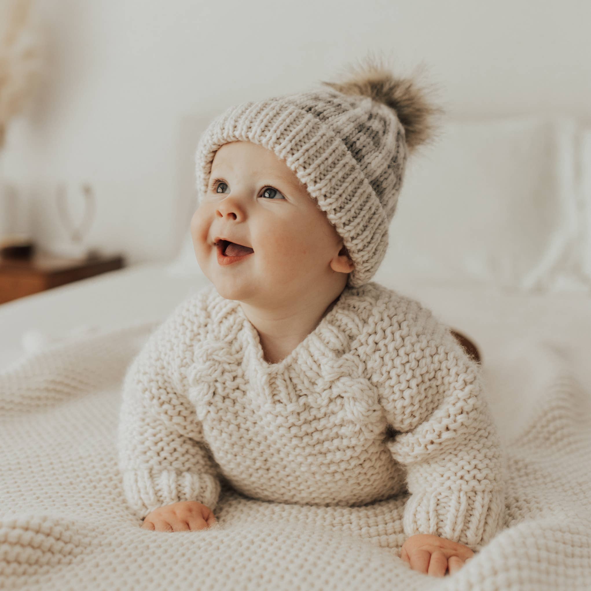 Pebble Brown Buffalo Check Pom Pom Beanie Hat