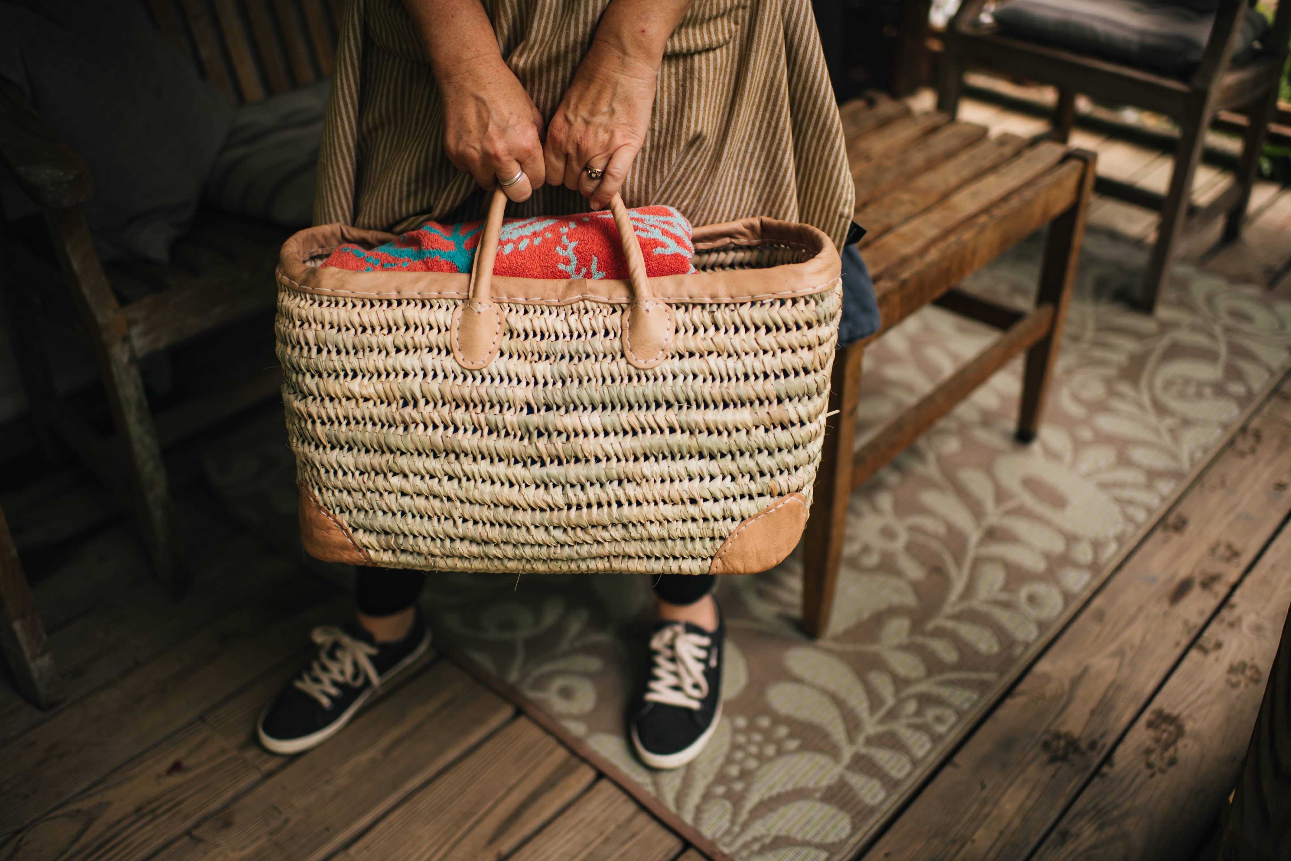 Open Weave Basket with Leather Trim: Small