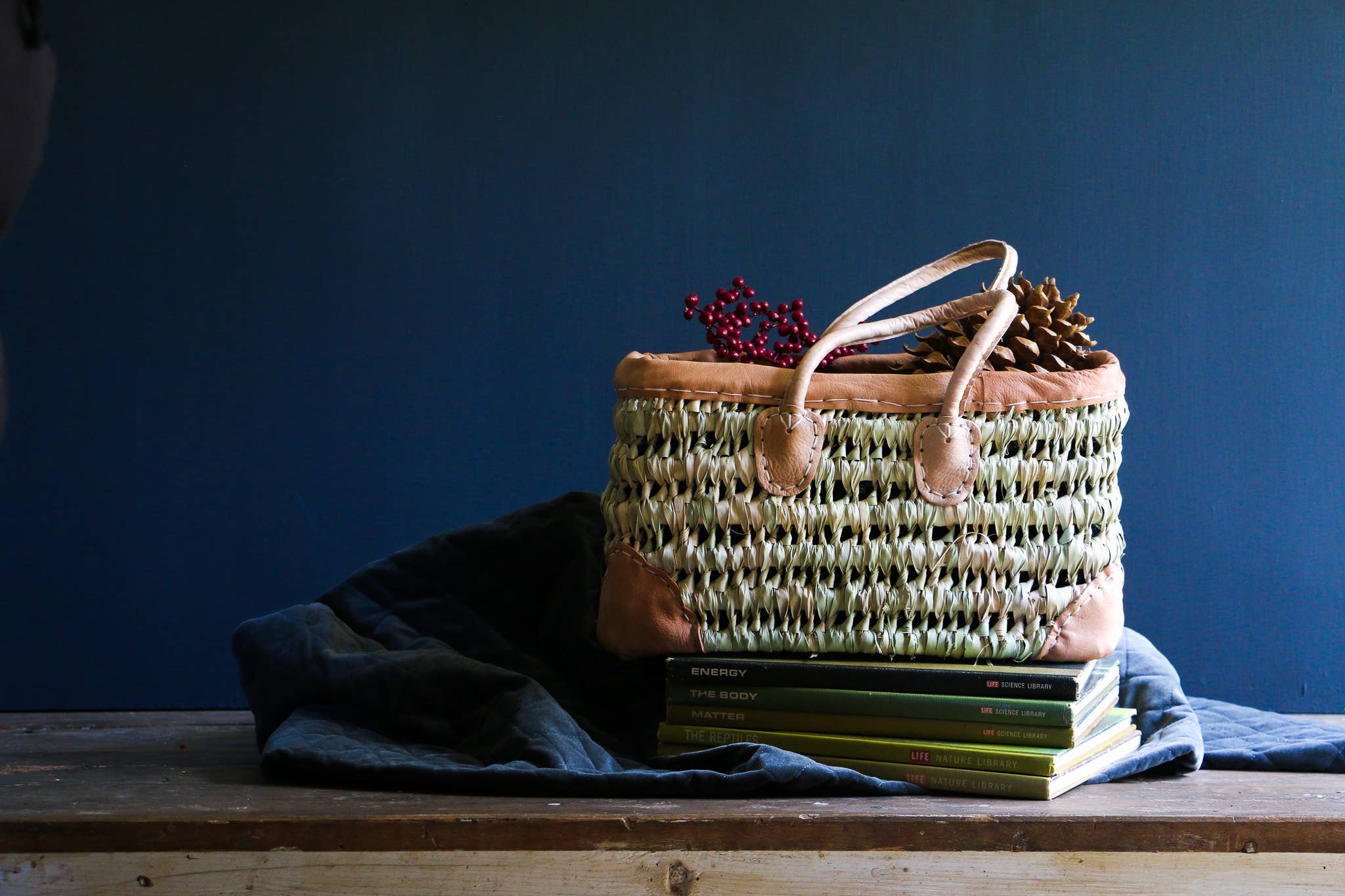 Open Weave Basket with Leather Trim: Small