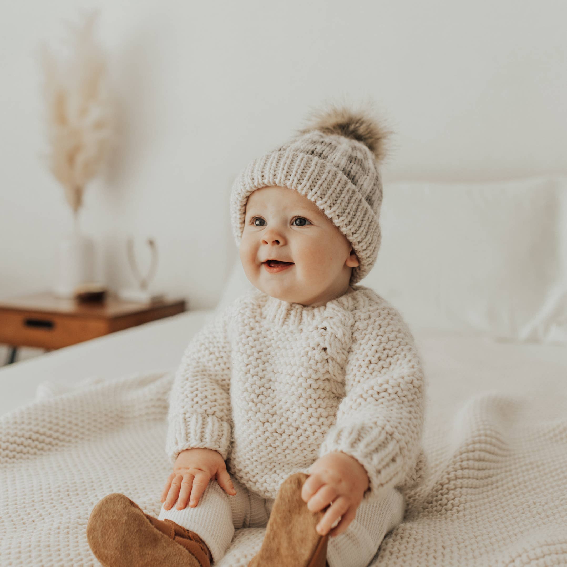 Pebble Brown Buffalo Check Pom Pom Beanie Hat