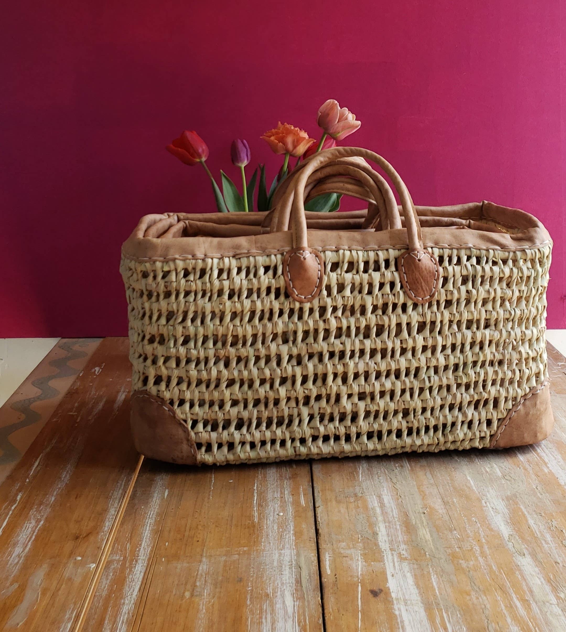 Open Weave Basket with Leather Trim: Small