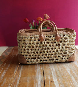 Open Weave Basket with Leather Trim: Small