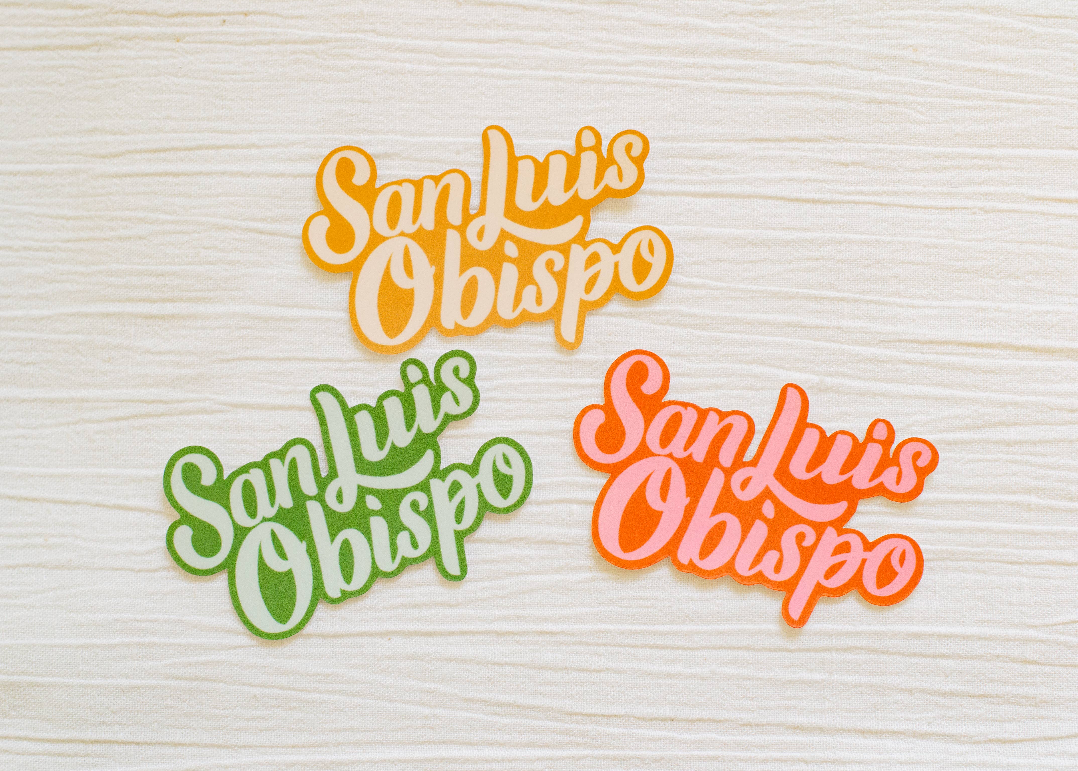 San Luis Obispo Hand Lettered Weatherproof Die Cut Sticker: Pink