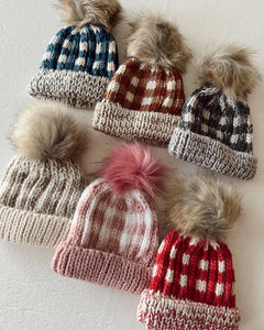 Pebble Brown Buffalo Check Pom Pom Beanie Hat