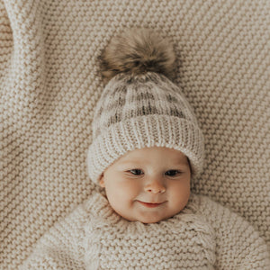 Pebble Brown Buffalo Check Pom Pom Beanie Hat