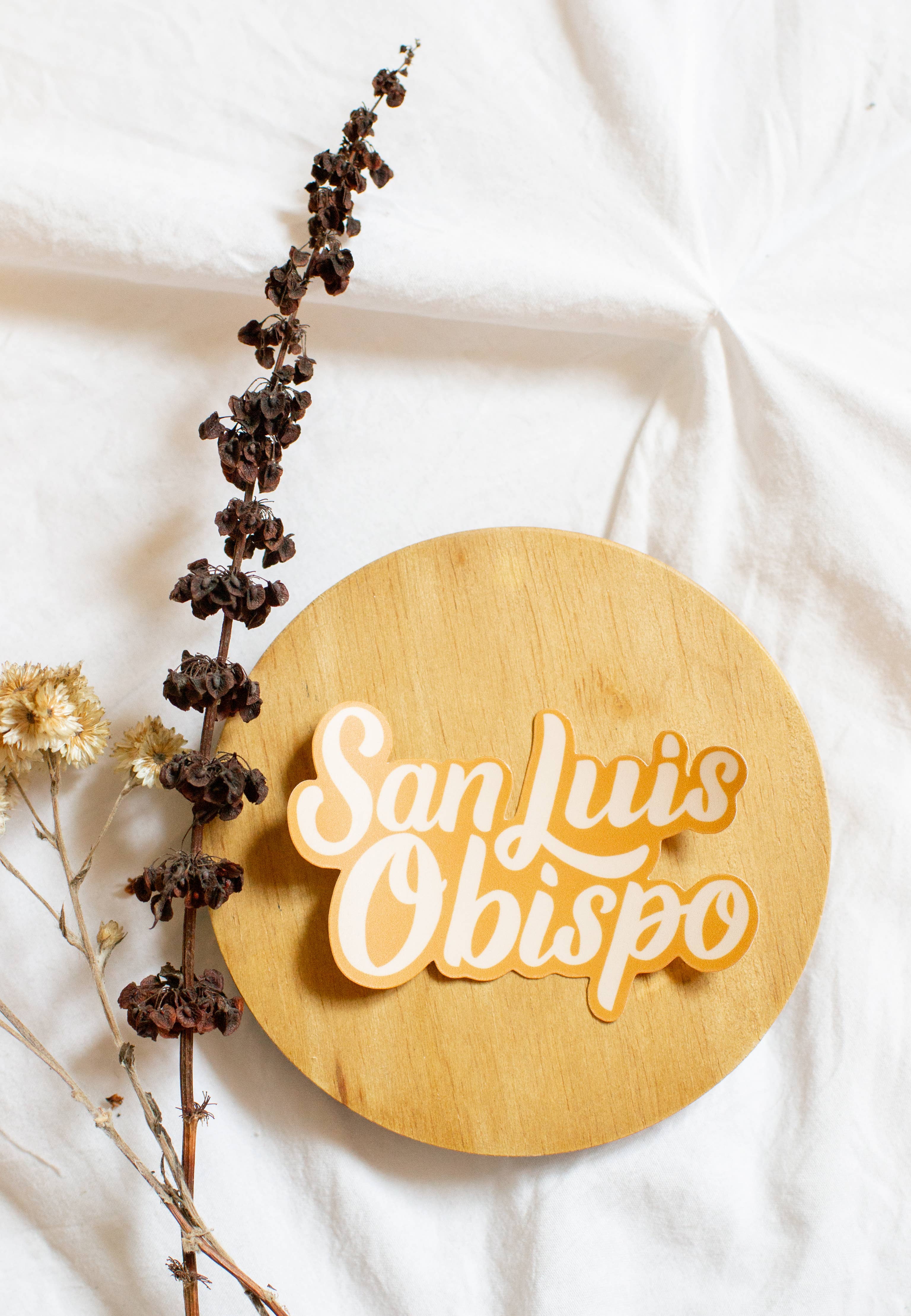San Luis Obispo Hand Lettered Weatherproof Die Cut Sticker: Pink