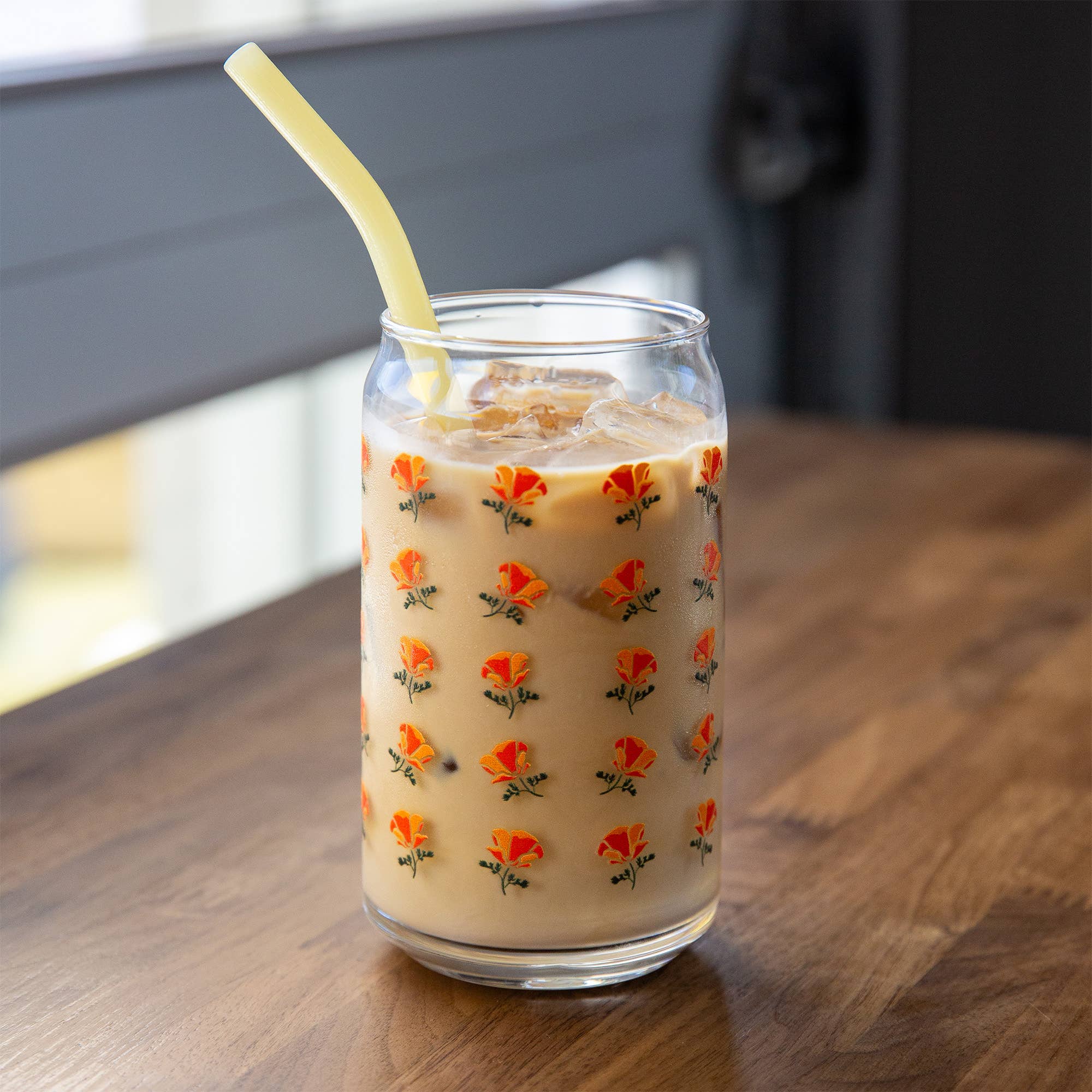 California Poppy Flower Pattern Beer Can Glass