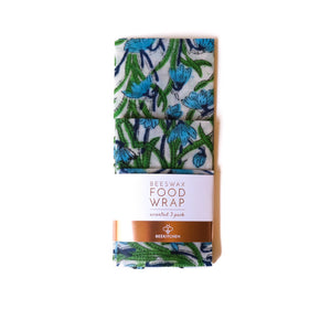 (3 Pack) Beeswax Food Wrap Green and Blue Floral Vines