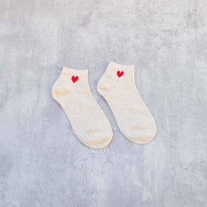 Mini Heart Ankle Socks: Beige/Red