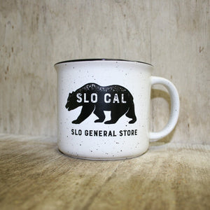 White Ceramic Coffee mug with black rim and speckles, that has a black bear that reads SLO CAL and below that SLO General Store