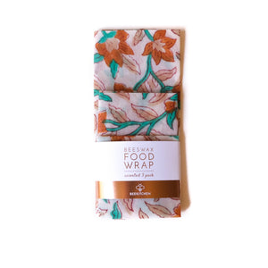 (3 Pack) Beeswax Food Wrap Orange and Teal Floral