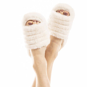 Cream Faux Fur Slippers for Women